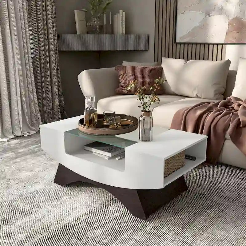 Modern Coffee Table with Glass Top Storage Shelves and LED Lighting 8