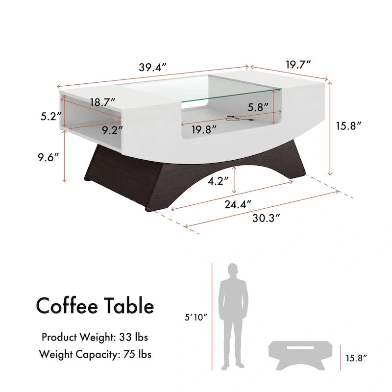 Modern Coffee Table with Glass Top Storage Shelves and LED Lighting 9