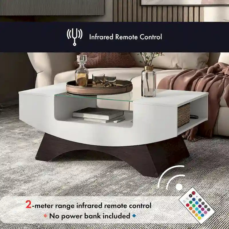 Modern Coffee Table with Glass Top Storage Shelves and LED Lighting 10