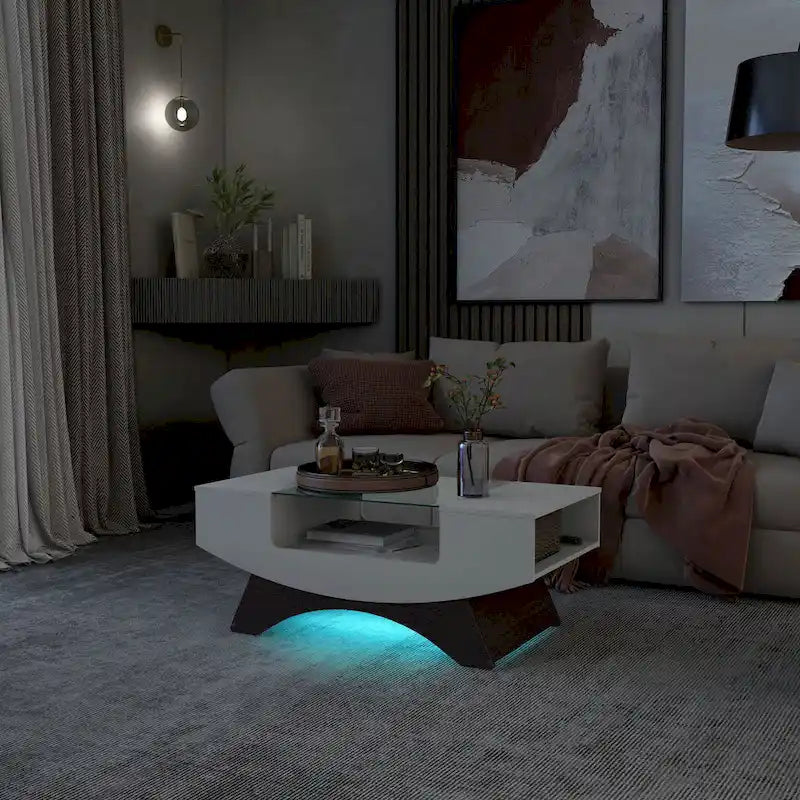 Modern Coffee Table with Glass Top Storage Shelves and LED Lighting 11