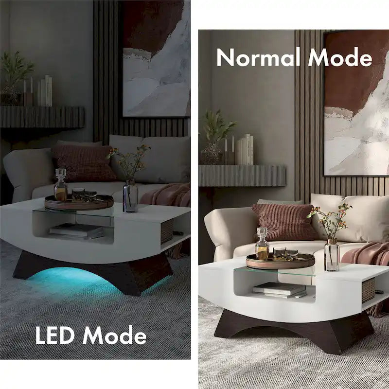 Modern Coffee Table with Glass Top Storage Shelves and LED Lighting 12