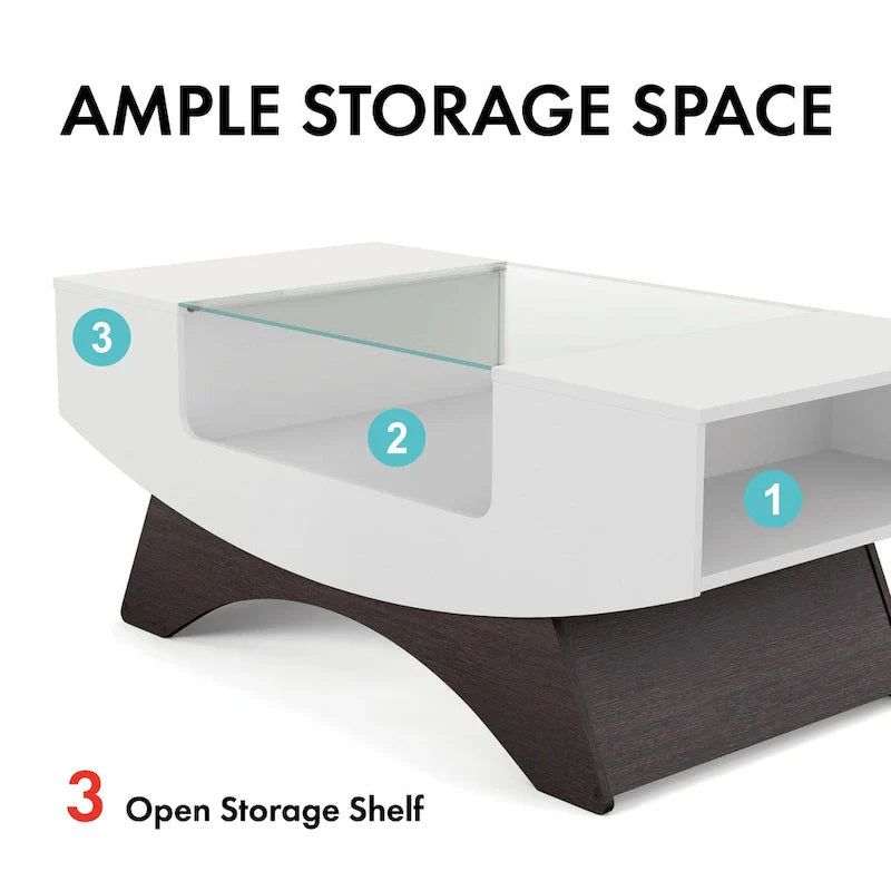 Modern Coffee Table with Glass Top Storage Shelves and LED Lighting 14