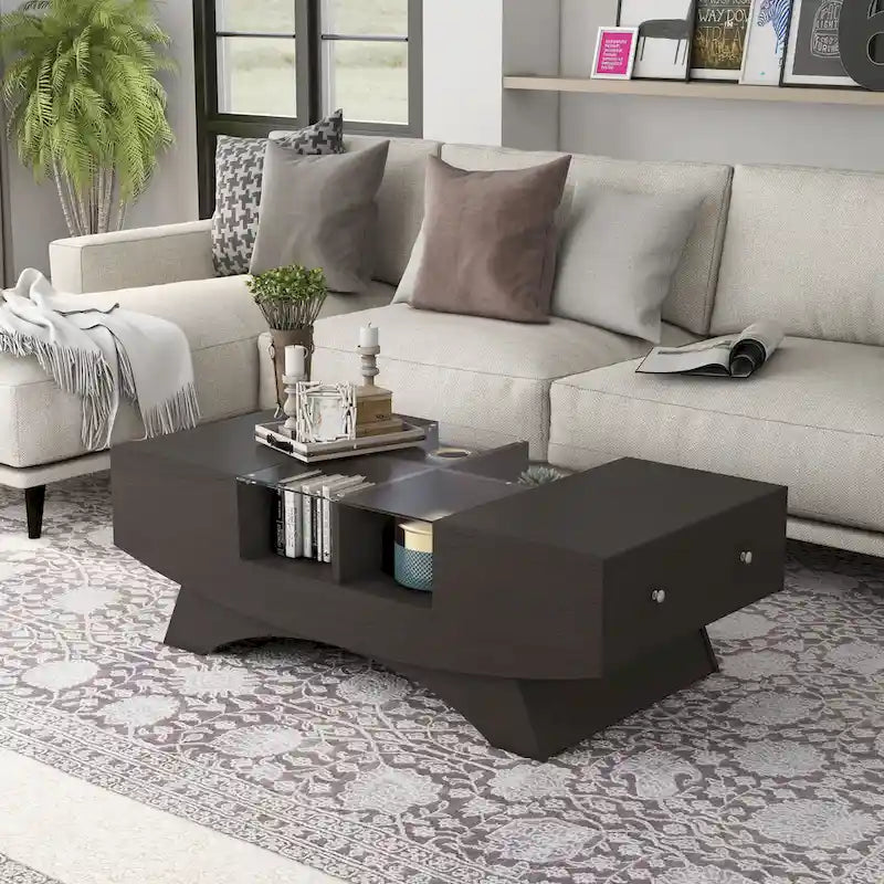 Modern Coffee Table with Glass Top Storage Shelves and LED Lighting 19