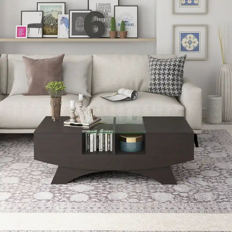 Modern Coffee Table with Glass Top Storage Shelves and LED Lighting 21