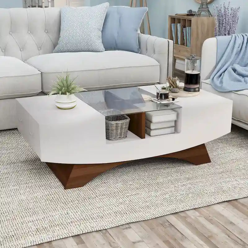 Modern Coffee Table with Glass Top Storage Shelves and LED Lighting 27