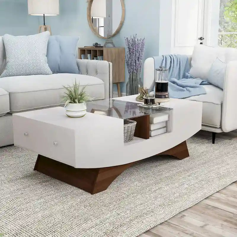 Modern Coffee Table with Glass Top Storage Shelves and LED Lighting 28