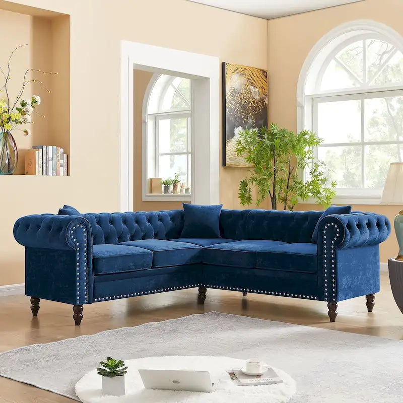 Classic Chesterfield L-Shaped Sectional Sofa with Deep Buttoned Rolled Arms 20