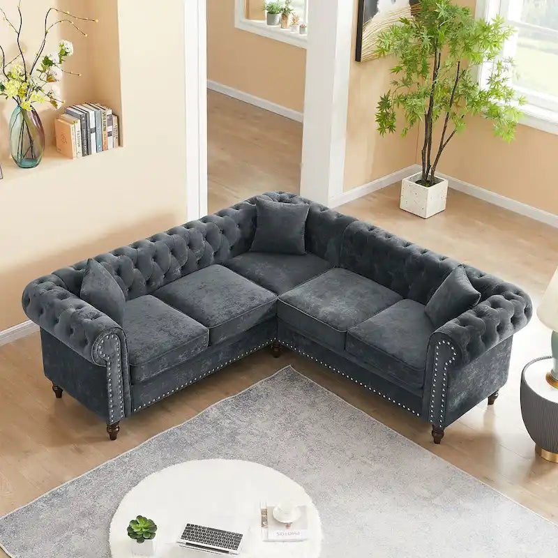 Classic Chesterfield L-Shaped Sectional Sofa with Deep Buttoned Rolled Arms 1