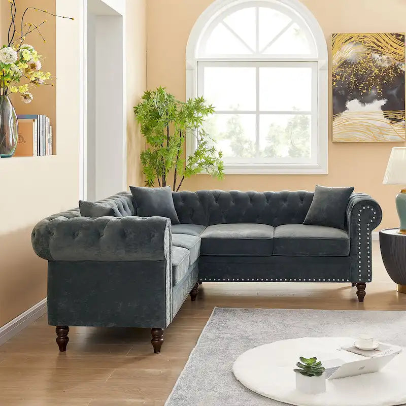 Classic Chesterfield L-Shaped Sectional Sofa with Deep Buttoned Rolled Arms 2