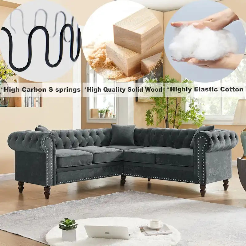 Classic Chesterfield L-Shaped Sectional Sofa with Deep Buttoned Rolled Arms 3