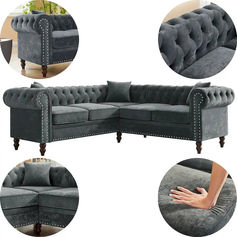 Classic Chesterfield L-Shaped Sectional Sofa with Deep Buttoned Rolled Arms 4