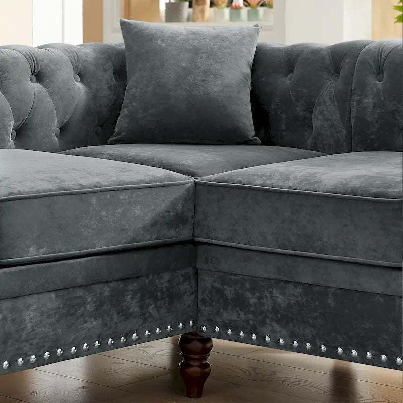 Classic Chesterfield L-Shaped Sectional Sofa with Deep Buttoned Rolled Arms 9