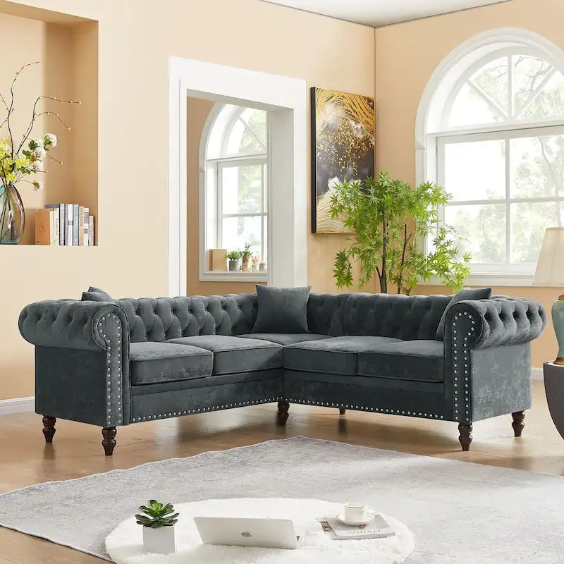 Classic Chesterfield L-Shaped Sectional Sofa with Deep Buttoned Rolled Arms 10