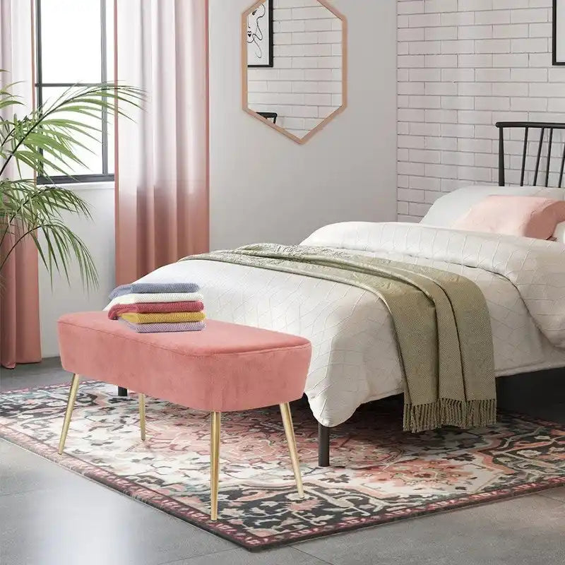 Adeco Velvet Footrest Bench with Metal Legs - Stylish Bed End Stool and Dressing Chair 2