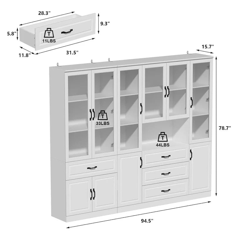 78.7-Inch Modular White Curio Cabinet with Glass Doors for Buffet Display 15