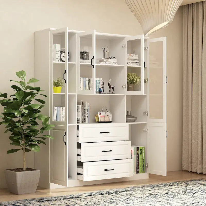 78.7-Inch Modular White Curio Cabinet with Glass Doors for Buffet Display 23