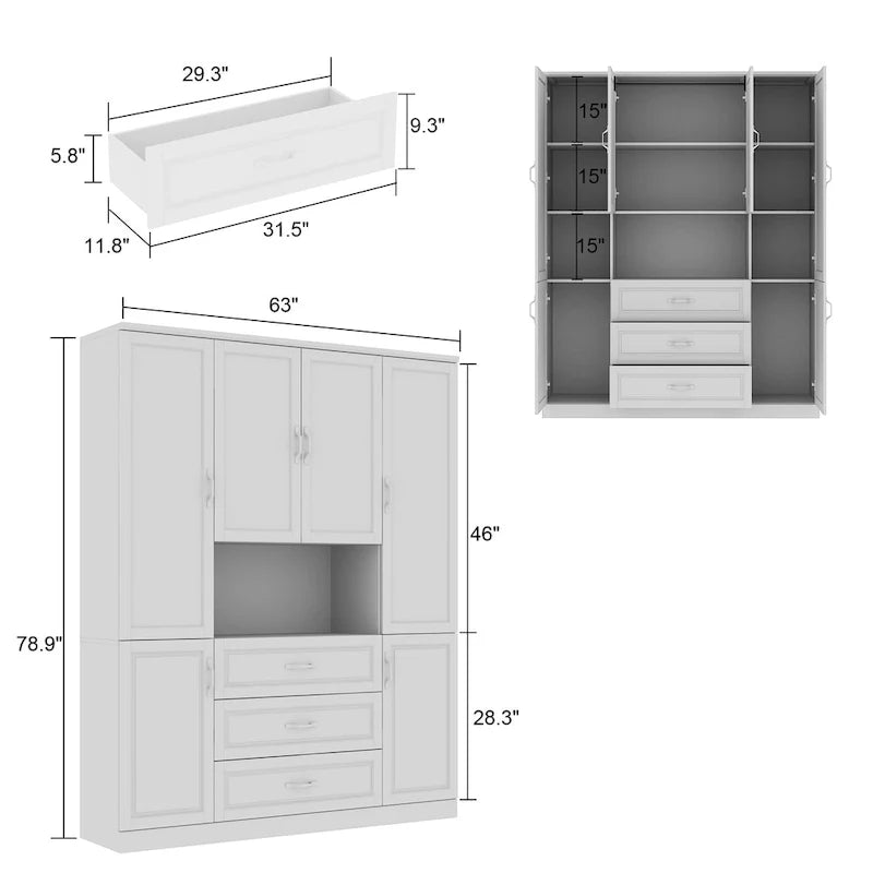 78.7-Inch Modular White Curio Cabinet with Glass Doors for Buffet Display 24