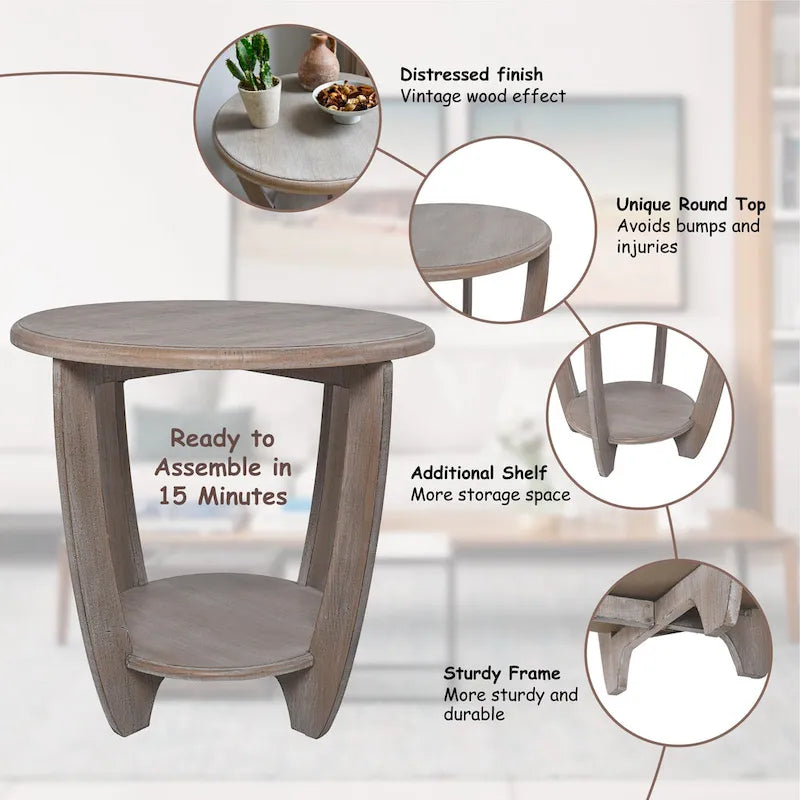 COZAYH Set of 2 Rustic Farmhouse End Tables with Storage Shelf - Vintage Grey French Country Accent Side Tables 6