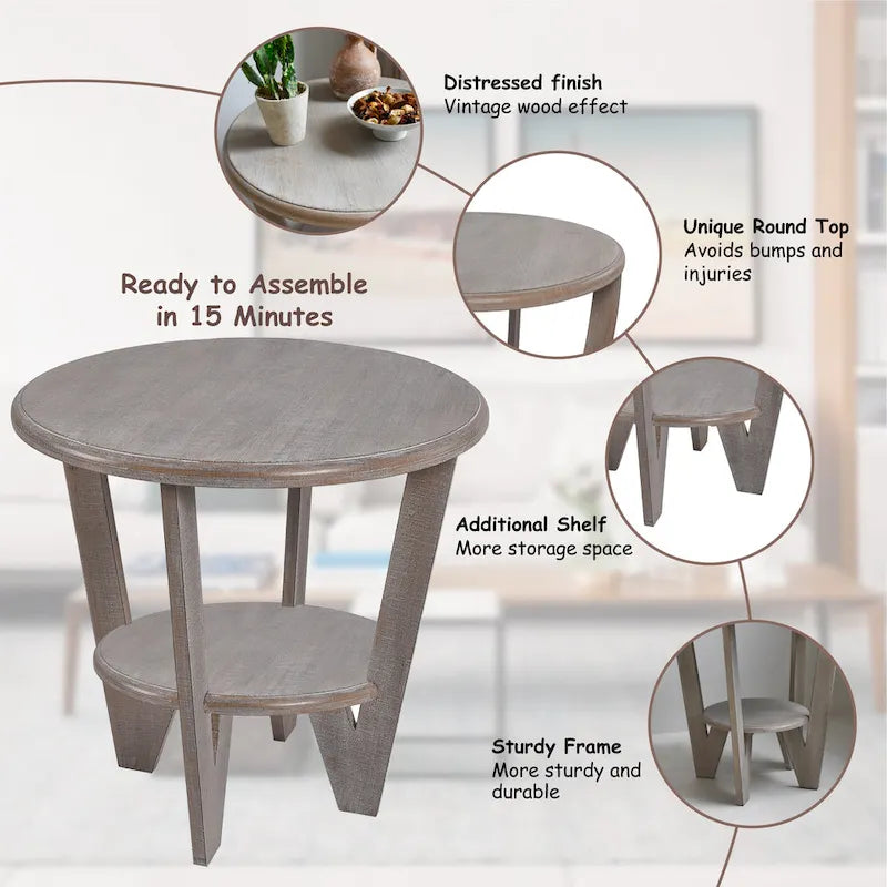 COZAYH Set of 2 Rustic Farmhouse End Tables with Storage Shelf - Vintage Grey French Country Accent Side Tables 12