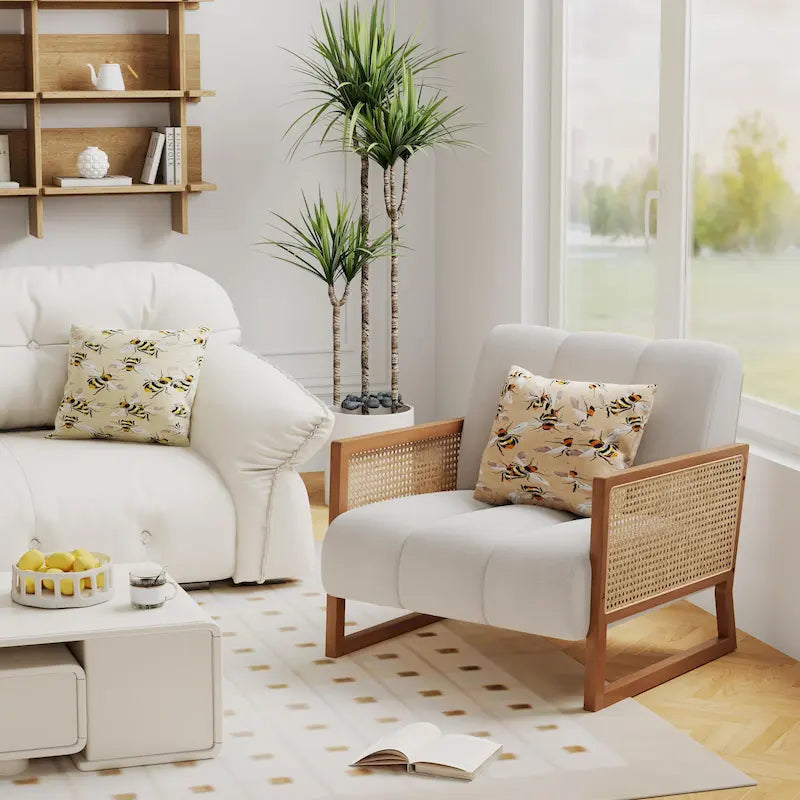 Mid-Century Modern Upholstered Rattan Accent Chairs - Natural Linen Armchairs for Living Room and Bedroom 14