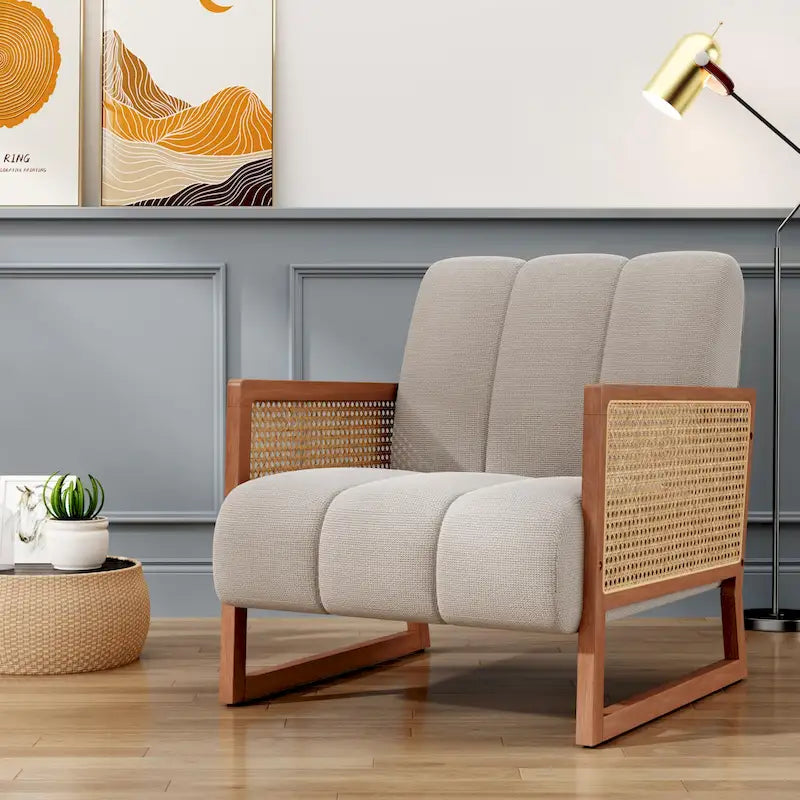 Mid-Century Modern Upholstered Rattan Accent Chairs - Natural Linen Armchairs for Living Room and Bedroom 15