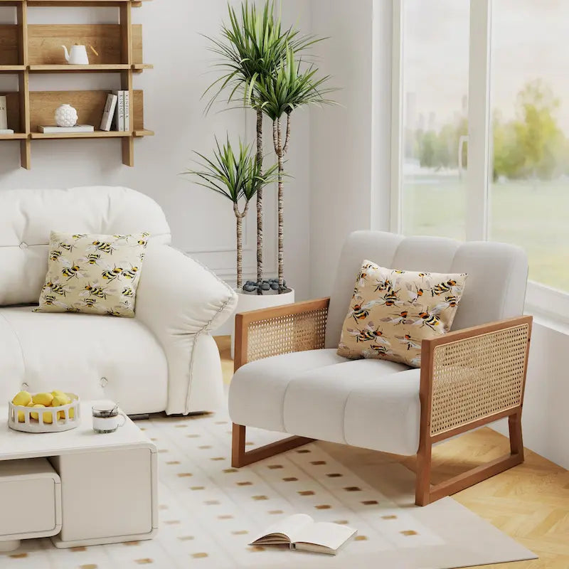 Mid-Century Modern Upholstered Rattan Accent Chairs - Natural Linen Armchairs for Living Room and Bedroom 1