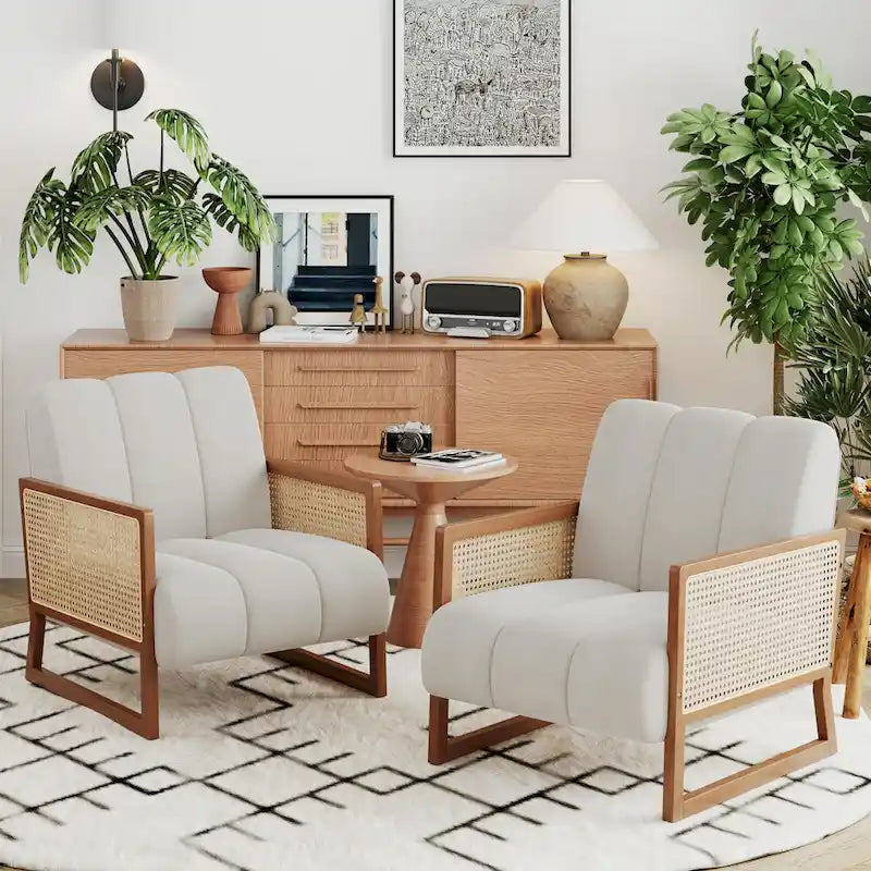 Mid-Century Modern Upholstered Rattan Accent Chairs - Natural Linen Armchairs for Living Room and Bedroom 2