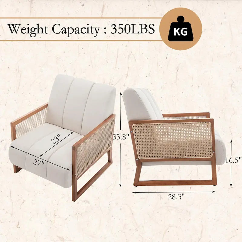 Mid-Century Modern Upholstered Rattan Accent Chairs - Natural Linen Armchairs for Living Room and Bedroom 3