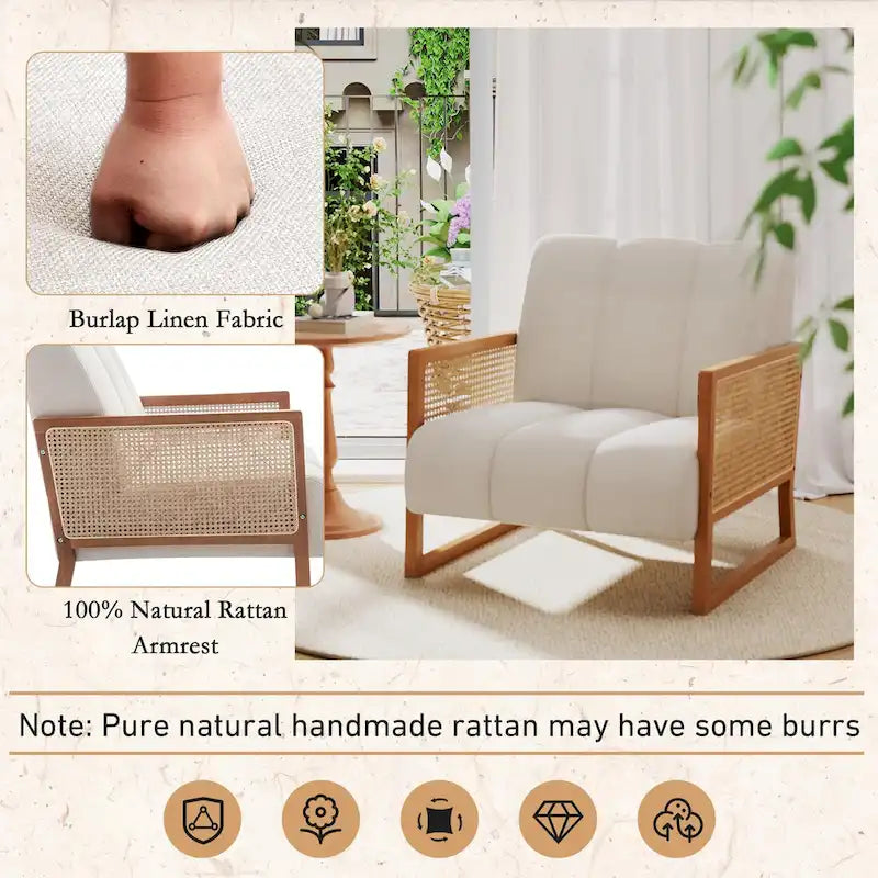 Mid-Century Modern Upholstered Rattan Accent Chairs - Natural Linen Armchairs for Living Room and Bedroom 4
