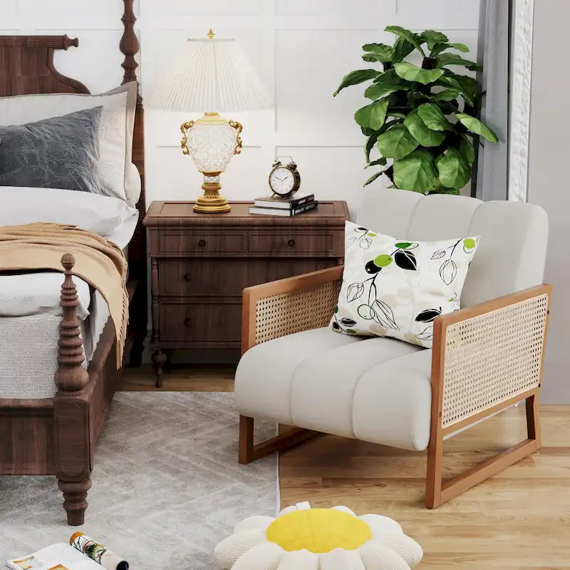 Mid-Century Modern Upholstered Rattan Accent Chairs - Natural Linen Armchairs for Living Room and Bedroom 5