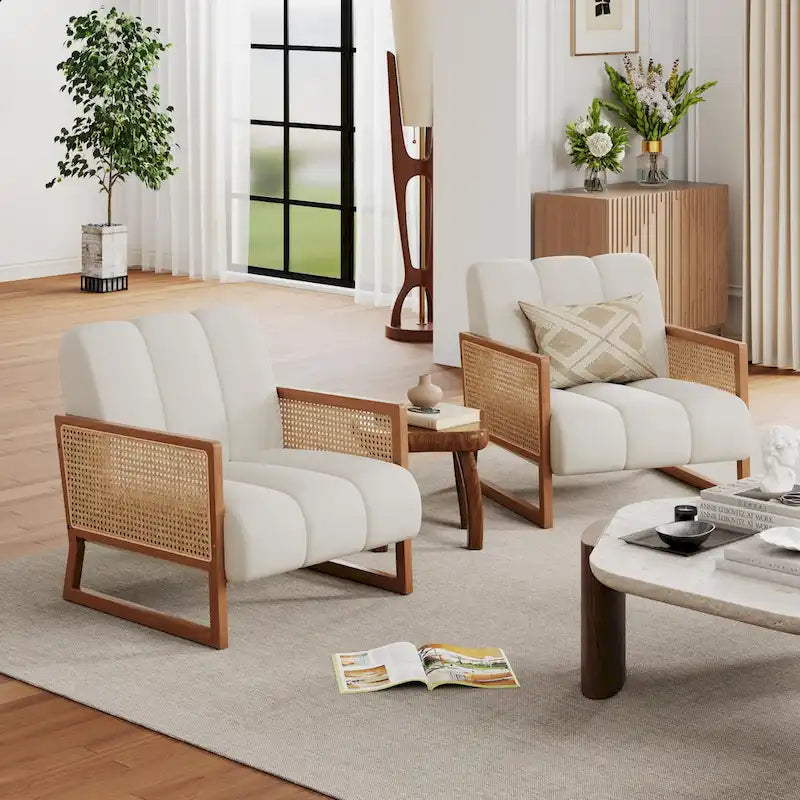 Mid-Century Modern Upholstered Rattan Accent Chairs - Natural Linen Armchairs for Living Room and Bedroom 6