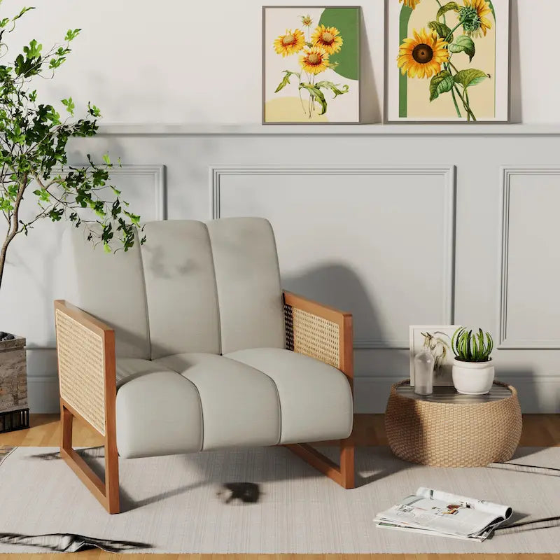 Mid-Century Modern Upholstered Rattan Accent Chairs - Natural Linen Armchairs for Living Room and Bedroom 8