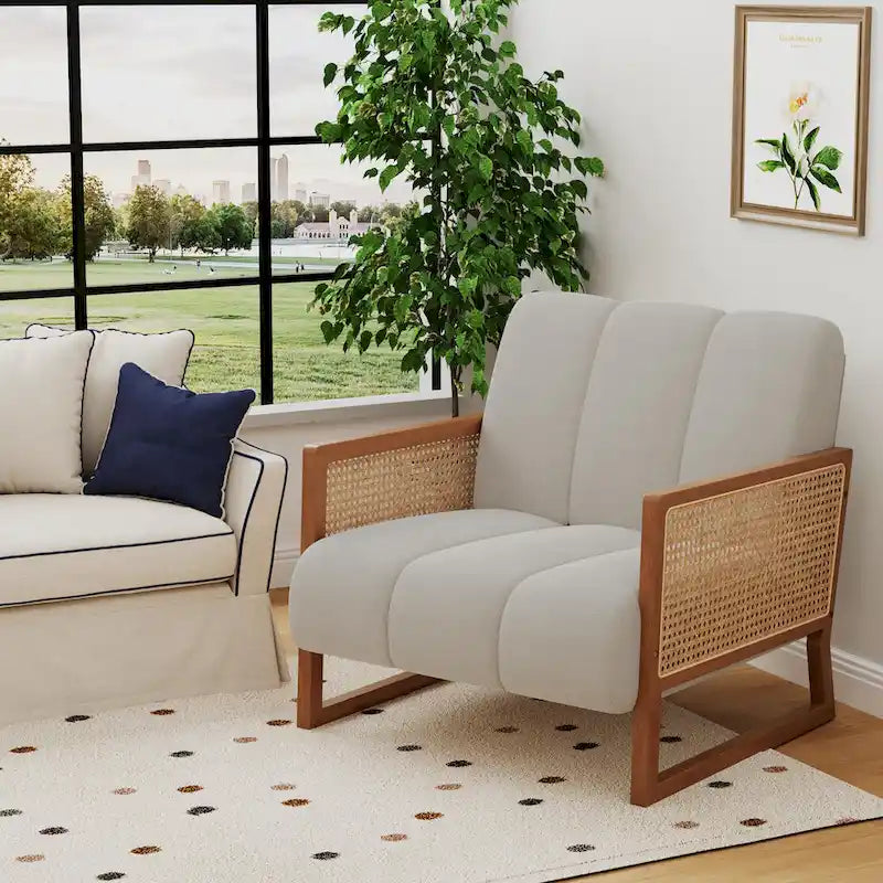 Mid-Century Modern Upholstered Rattan Accent Chairs - Natural Linen Armchairs for Living Room and Bedroom 9