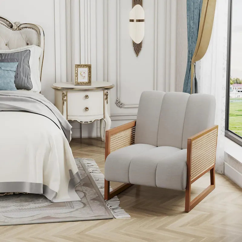 Mid-Century Modern Upholstered Rattan Accent Chairs - Natural Linen Armchairs for Living Room and Bedroom 10