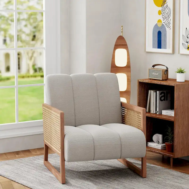 Mid-Century Modern Upholstered Rattan Accent Chairs - Natural Linen Armchairs for Living Room and Bedroom 11