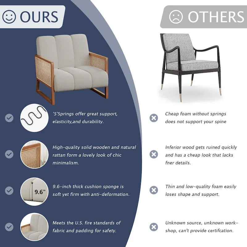 Mid-Century Modern Upholstered Rattan Accent Chairs - Natural Linen Armchairs for Living Room and Bedroom 12