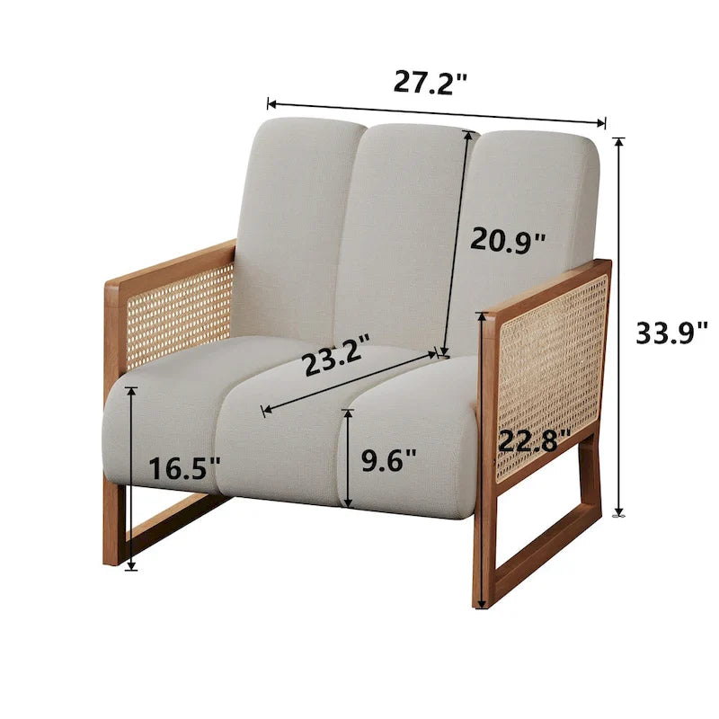 Mid-Century Modern Upholstered Rattan Accent Chairs - Natural Linen Armchairs for Living Room and Bedroom 13