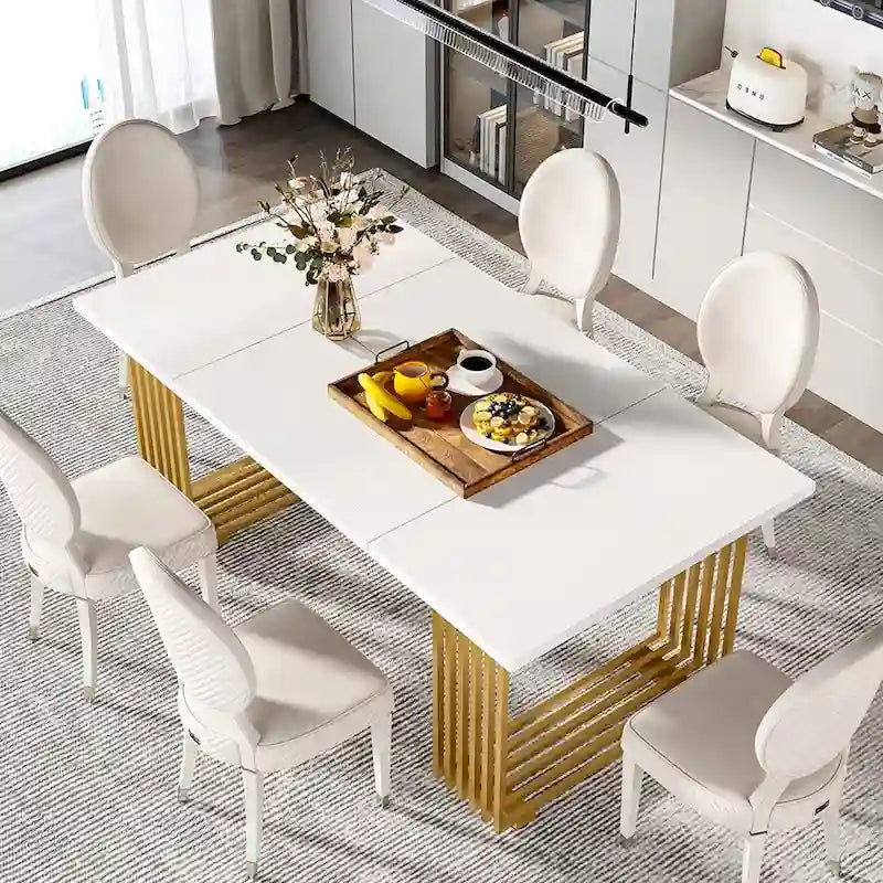 Modern Dining Table with Rectangular Top and Metal Base for 6 to 8 Seating
