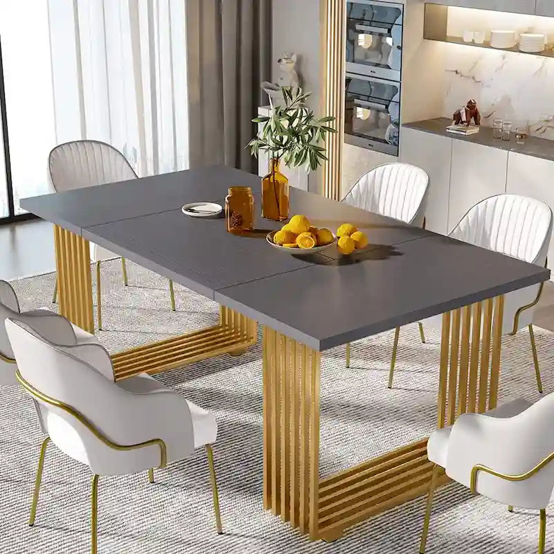 Modern Dining Table with Rectangular Top and Metal Base for 6 to 8 Seating 12