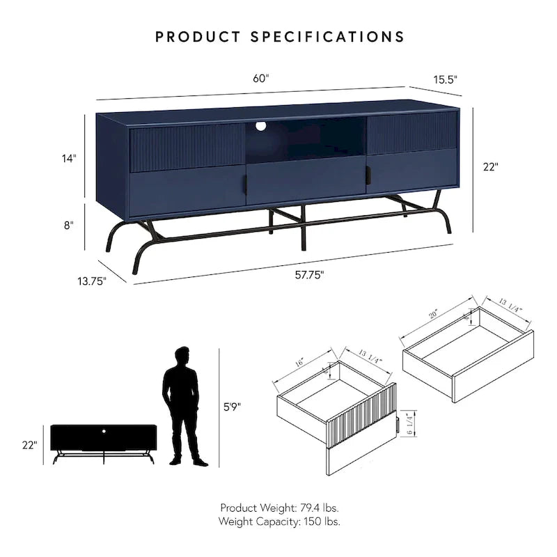 Denhour DH BASIC 60-Inch Modern Media Cabinet TV Stand with 3 Drawers and Cable Management Hole 2