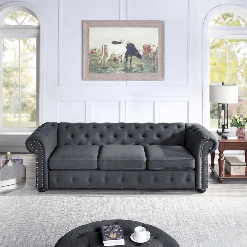 Corvus Aleksis Tufted Chesterfield 3-Seat Sofa with Elegant Rolled Arms 7