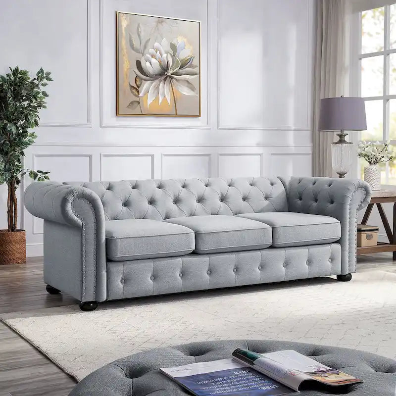 Corvus Aleksis Tufted Chesterfield 3-Seat Sofa with Elegant Rolled Arms 13