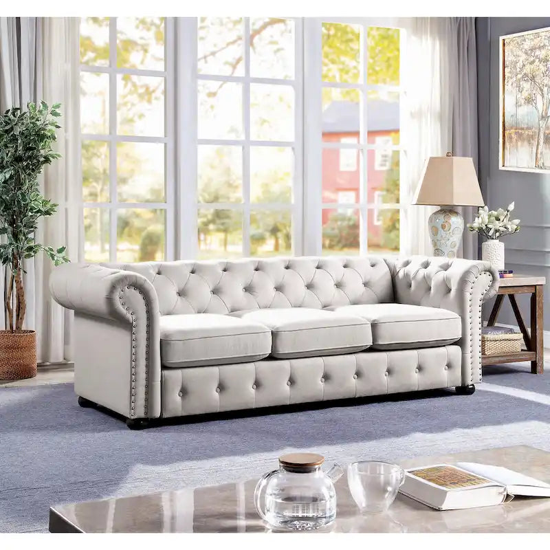 Corvus Aleksis Tufted Chesterfield 3-Seat Sofa with Elegant Rolled Arms 20