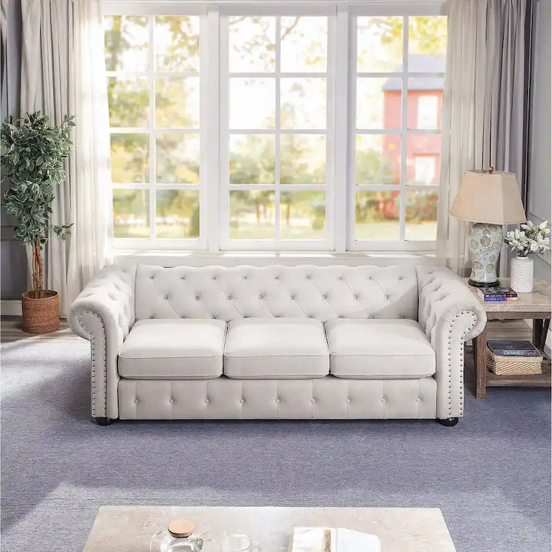 Corvus Aleksis Tufted Chesterfield 3-Seat Sofa with Elegant Rolled Arms 21
