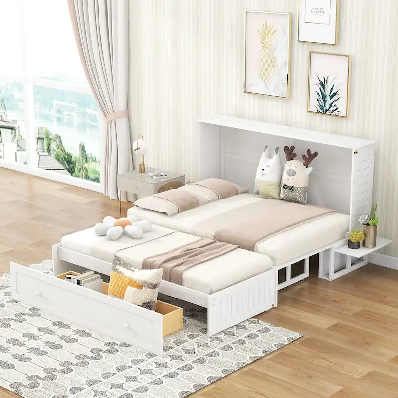 Murphy Platform Bed with Storage Drawer Shelves and Foldable Design 12