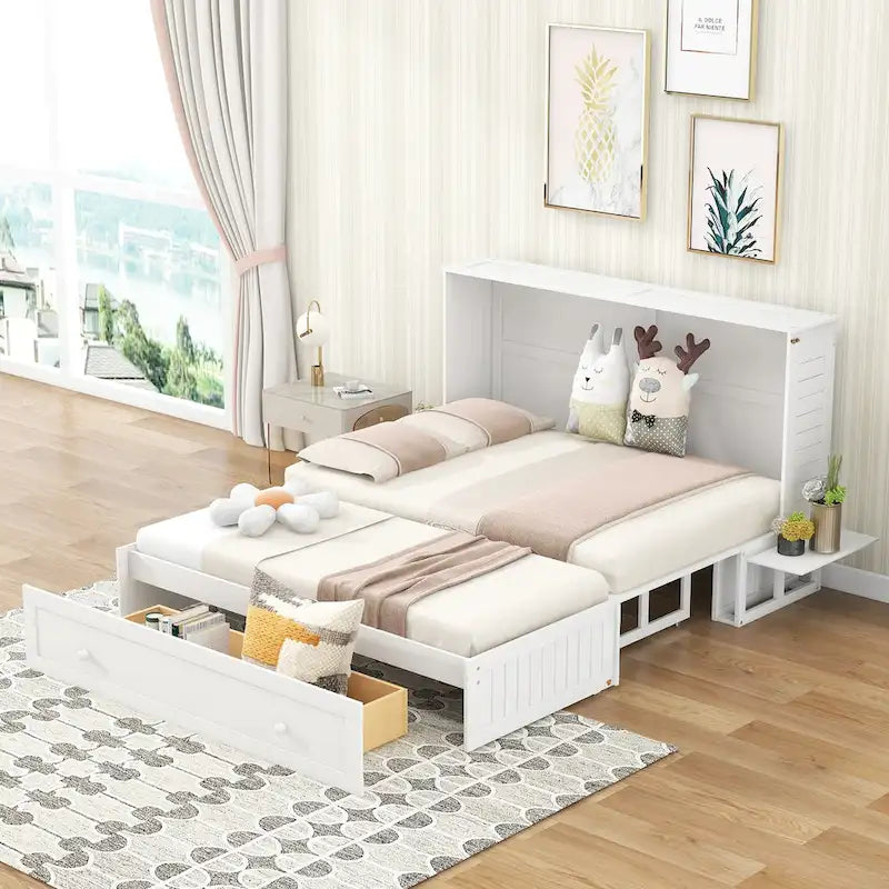 Nestfair White Queen-Sized Murphy Bed with Drawer and Shelves - Mobile Design