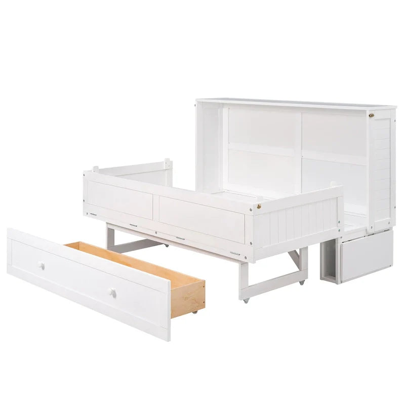Nestfair White Queen-Sized Murphy Bed with Drawer and Shelves - Mobile Design 3