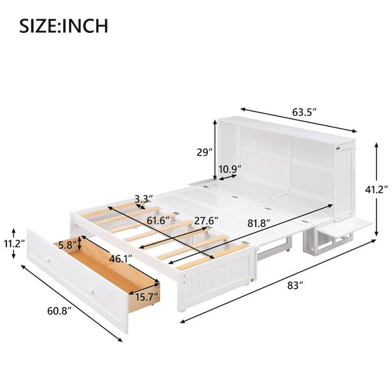 Nestfair White Queen-Sized Murphy Bed with Drawer and Shelves - Mobile Design 10