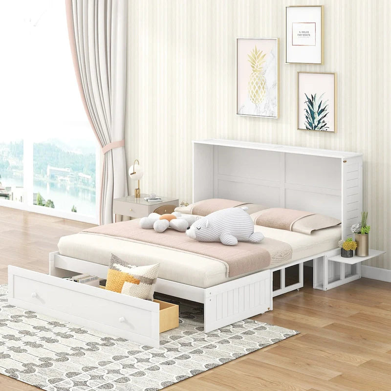 Murphy Platform Bed with Storage Drawer Shelves and Foldable Design 11