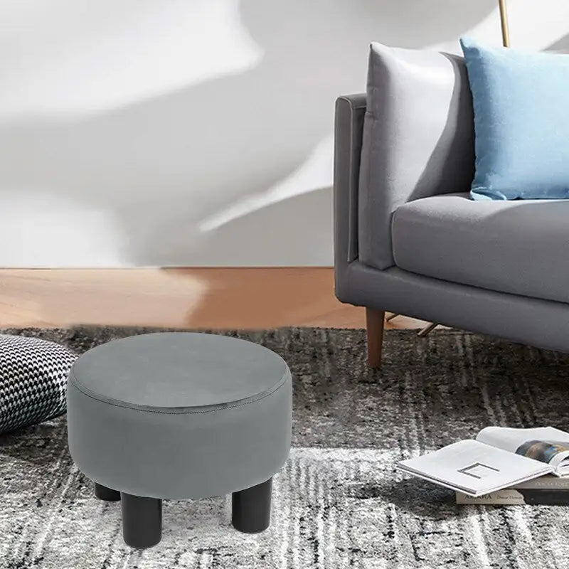 Adeco Modern Velvet Round Ottoman Footrest Stool with Padded Seat 35
